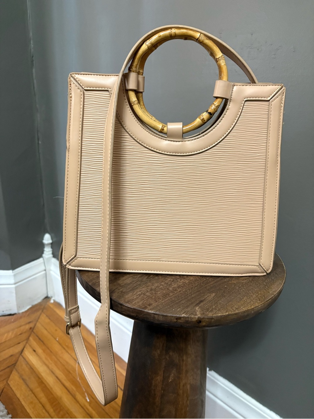 Beige Structured Shoulder Bag with Bamboo Ring Handles